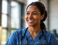 Healthcare professional in scrubs with a stethoscope